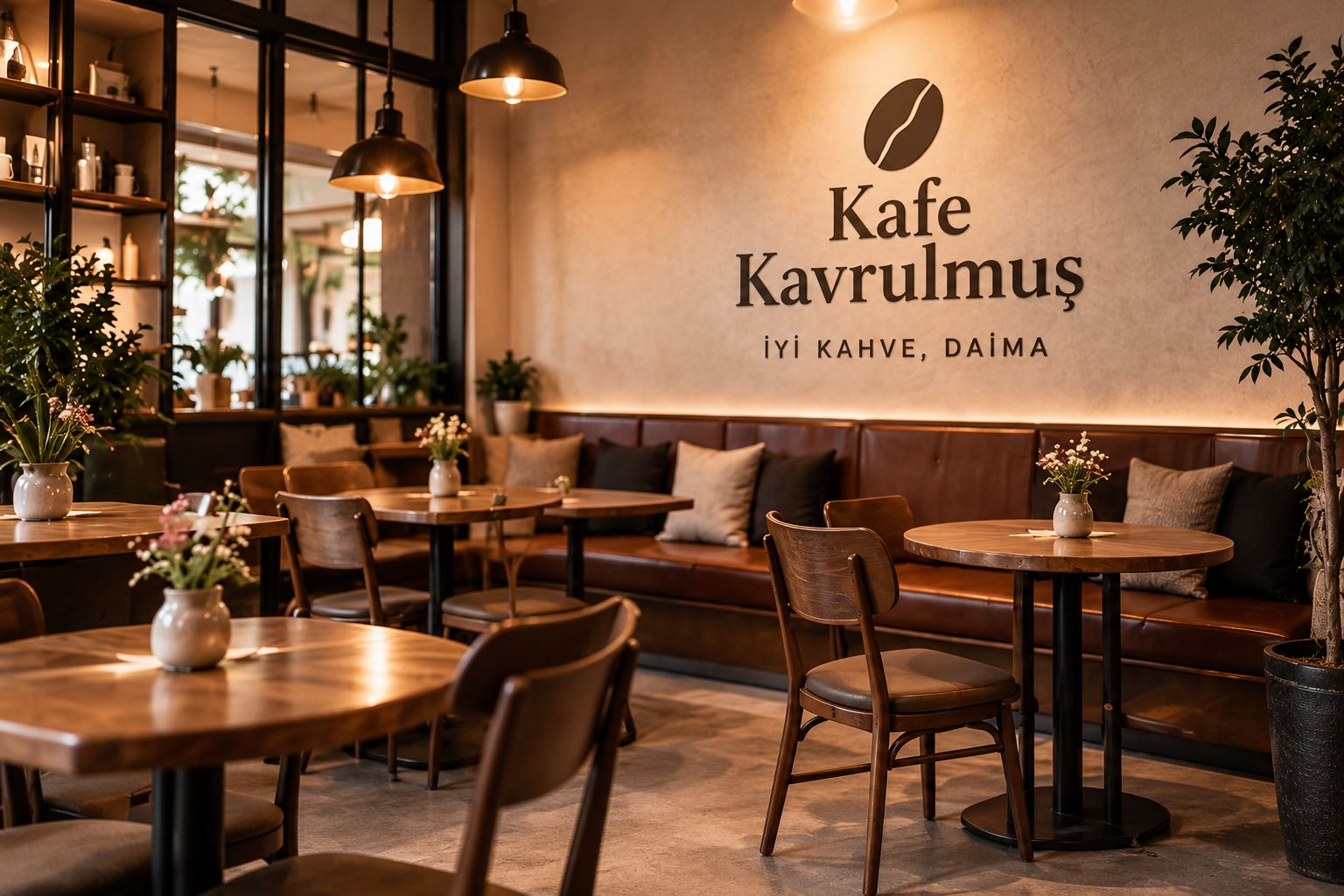 Salon: deri koltuklar ve duvarda Kafe Kavrulmuş logosu